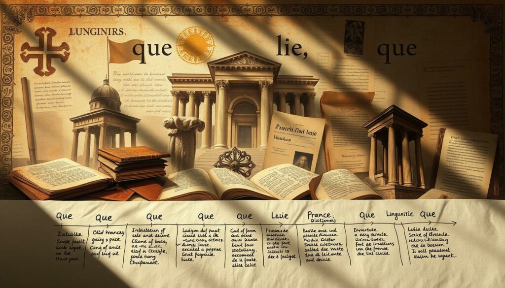 A captivating illustration of the linguistic history of the word "que", set against a backdrop of ancient manuscripts, glyphs, and intricate calligraphy. In the foreground, a hand-drawn timeline charts the evolution of the word, weaving together its Latin roots, Old French variations, and modern French usage. The middle ground features a collage of antique dictionaries, linguistic treatises, and scholarly marginalia, casting an erudite, scholarly atmosphere. In the background, a hazy, sepia-toned montage of historic buildings, stone tablets, and parchment scrolls hints at the rich cultural context that shaped the word's development. Dramatic side lighting casts dramatic shadows, evoking a sense of intellectual depth and historical gravitas.