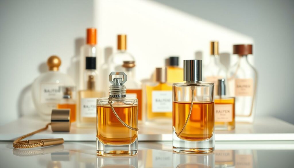 A clean, well-lit perfume display showcasing various bottles and accessories. In the foreground, an open perfume bottle with a delicate glass atomizer, highlighting the fragrance's intricate details. Behind it, an assortment of perfume bottles in different shapes and sizes, arranged neatly on a sleek, minimalist surface. The lighting is soft and natural, casting a warm, inviting glow across the scene. The overall atmosphere is one of elegance, refinement, and the joy of discovering new scents. The composition emphasizes the beauty and artistry of the perfume products, inviting the viewer to explore and experience the fragrance.