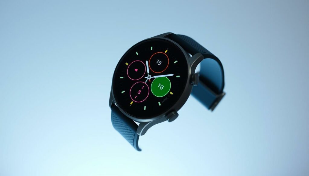 A close-up view of a sleek, high-tech sports smartwatch against a clean, minimalist background. The watch face features a bright, color-rich display with crisp fitness tracking metrics and activity data. The watch body is made of durable, lightweight materials like titanium or carbon fiber, designed for active lifestyles. The wristband is a flexible, breathable sport-oriented strap that seamlessly integrates with the watch's modern, ergonomic design. Soft, diffused lighting highlights the watch's sophisticated aesthetic, conveying a sense of advanced, cutting-edge technology tailored for health and fitness monitoring.