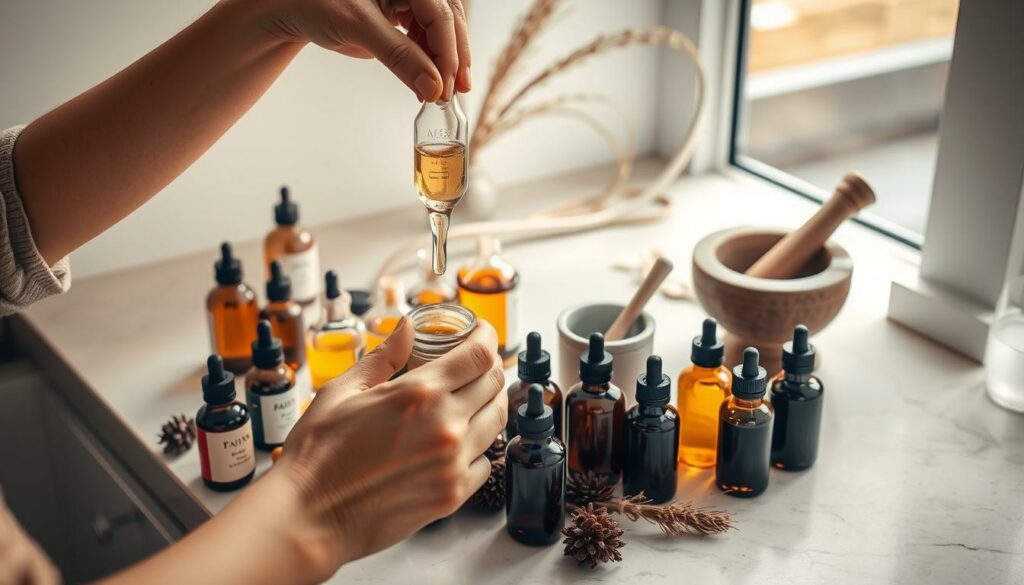 A countertop arrangement featuring an array of essential oils, glass dropper bottles, and a mortar and pestle. The scene is illuminated by natural light filtering through a window, casting a soft, warm glow. The foreground showcases the hands of a person carefully measuring and blending the ingredients, while the background features a minimalist, elegant aesthetic with subtle textures and muted colors. The overall atmosphere conveys a sense of thoughtful, artisanal craftsmanship in the creation of a personalized, homemade perfume.