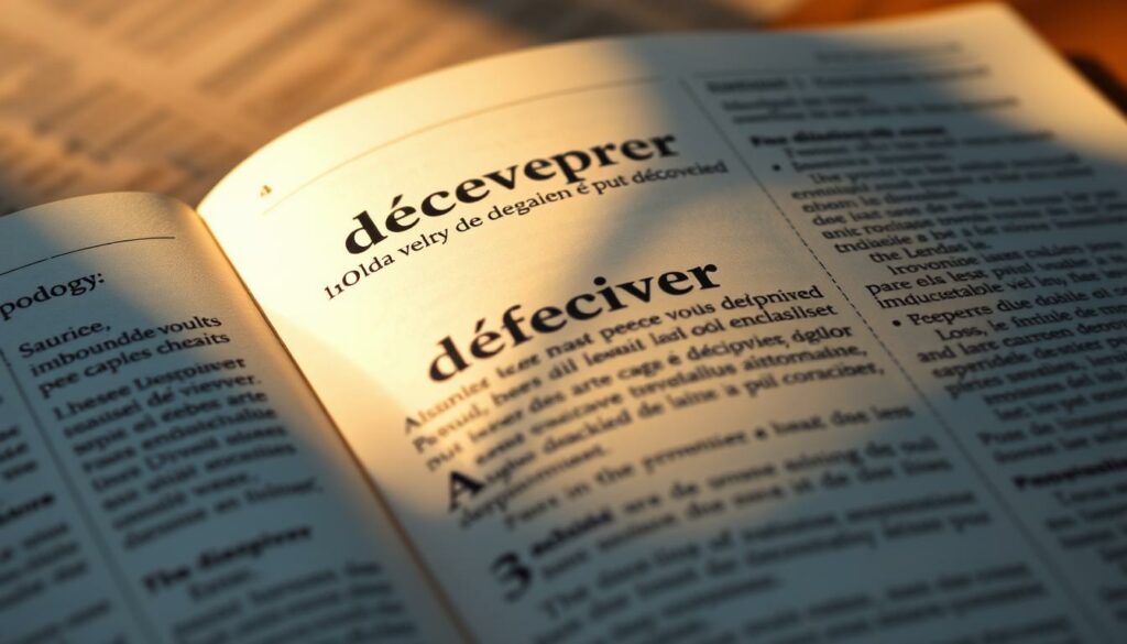 A detailed and well-lit close-up shot of an open dictionary page, focused on the entry for the French verb "découvrir" (to discover). The page is illuminated by soft, warm lighting from the side, casting gentle shadows and highlighting the texture of the paper. The entry is written in a classic, serif font, with the etymology section prominently displayed. The background is blurred, emphasizing the dictionary page as the central focus. The overall mood is one of scholarly contemplation and the joy of uncovering the origins of a word.