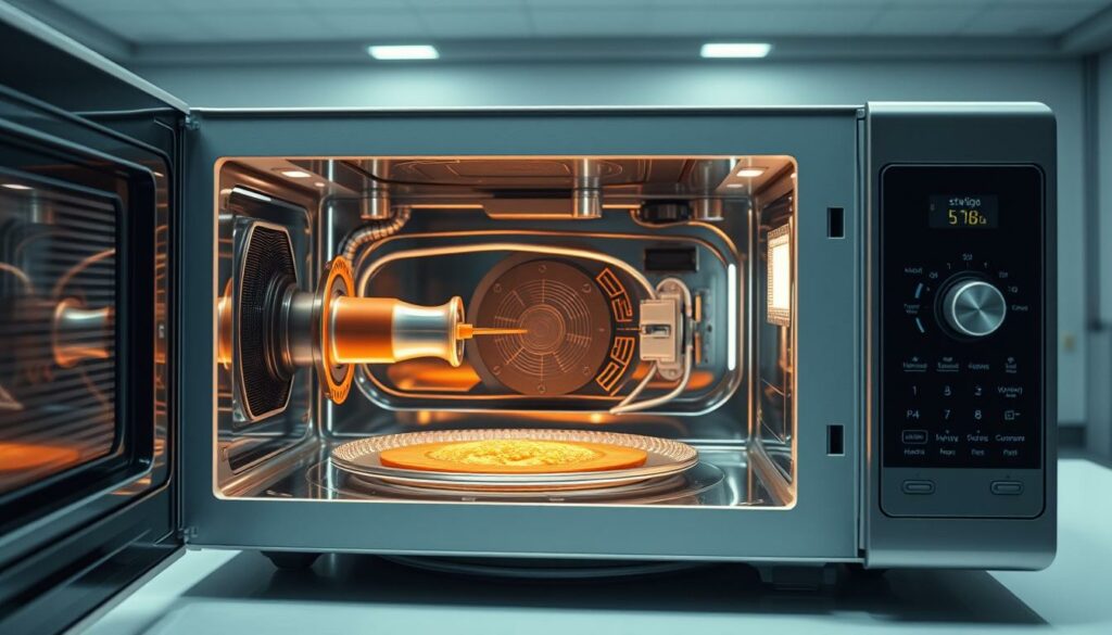 A detailed cross-section of a microwave oven's inner workings, showcasing its intricate technology. In the foreground, the magnetron, waveguide, and cooking chamber are prominently displayed, with a focus on the complex electromagnetic field patterns that heat food efficiently. In the middle ground, the power supply, control circuits, and safety mechanisms are visible, highlighting the precision engineering required. The background features a clean, technical environment with a muted color palette, emphasizing the scientific nature of the device. Soft, directional lighting illuminates the components, creating depth and dimension. The overall scene conveys a sense of technical sophistication and the invisible forces at play within a common household appliance.