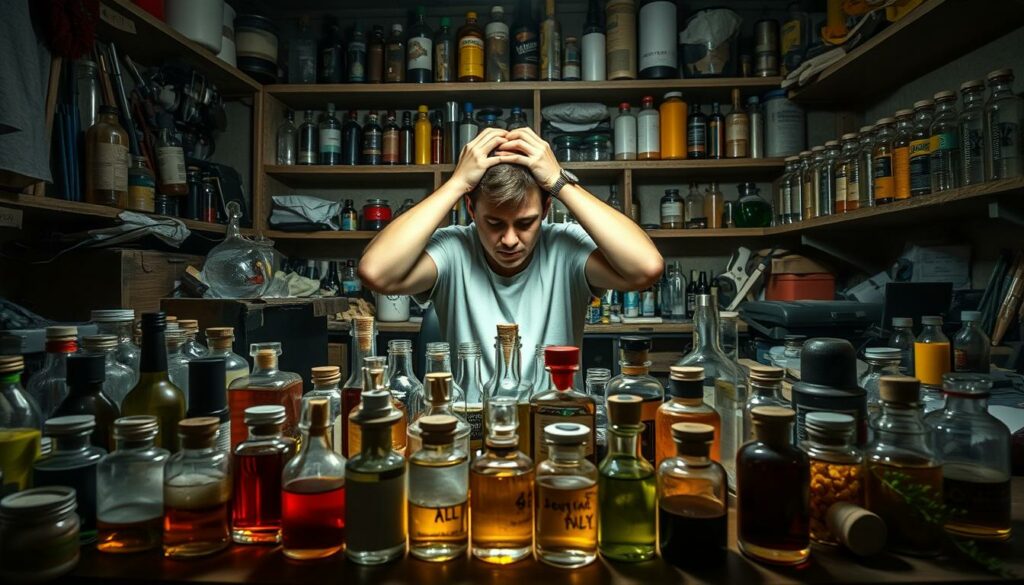 A dimly lit home workshop, cluttered with various bottles, jars, and tools. In the foreground, a set of failed perfume attempts - mismatched colors, uneven textures, and off-putting scents. The middle ground features a frustrated person, hands on their head, surrounded by discarded prototypes. In the background, shelves overflowing with raw ingredients, essential oils, and half-finished experiments. Harsh shadows emphasize the mood of frustration and the challenges of creating a homemade perfume. Dramatic lighting creates a sense of drama and tension, highlighting the "errors" in the perfume-making process.