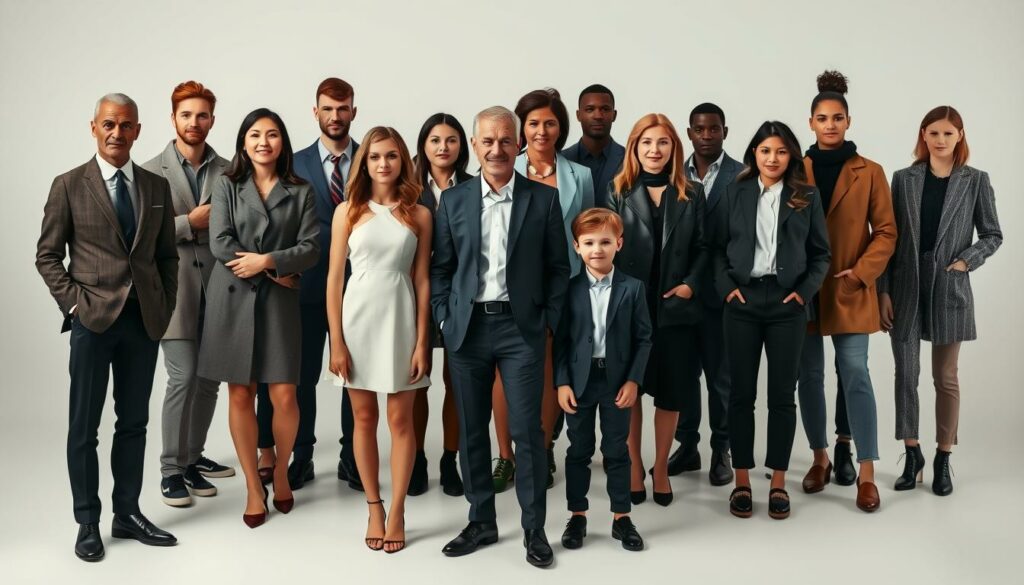A diverse array of fashion models stands proudly in a well-lit studio setting. In the foreground, a refined gentleman in a crisp suit exudes confidence, flanked by a graceful woman in a chic dress and a young child in a smart casual outfit. The middle ground features additional models of varying ages, genders, and styles, showcasing a wide range of stylish, contemporary attire. The background is clean and minimalist, allowing the models to be the focal point. Soft, directional lighting accentuates the details of the clothing and the natural expressions of the subjects, creating a sense of professionalism and inclusivity. The overall mood is one of sophistication, diversity, and timeless style.