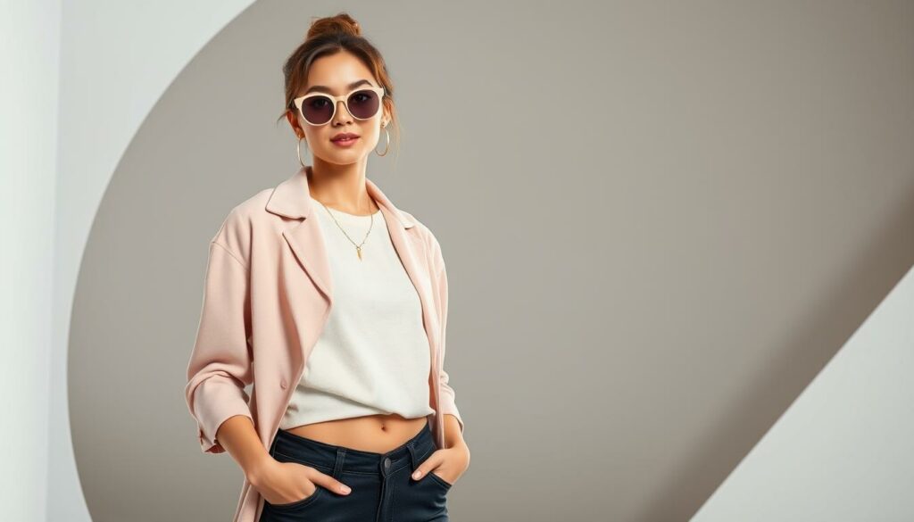 A fashion-forward woman in a chic, modern outfit stands confidently in a sleek, minimalist studio setting. Vibrant lighting accentuates the details of her stylish recreation of an iconic celebrity look, captured with a high-resolution, high-contrast lens. The woman's expression and pose convey a sense of creative experimentation and personal style, reflecting the idea of "recrée" - the transformation and reimagination of fashion. The background features clean, geometric shapes and muted tones, allowing the focal point to be the woman's stylish, budget-friendly interpretation of high-fashion.