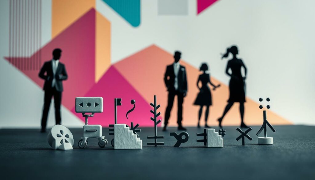 A fashionable and expressive visual representation of linguistic examples in a modern, minimalist style. In the foreground, a sleek, stylized arrangement of symbolic linguistic elements like phonemes, morphemes, and syntax structures, conveying the essence of language through abstract forms. The middle ground features a dynamic, colorful backdrop with geometric patterns and gradients, evoking the versatility and applications of language. The overall mood is one of sophistication, innovation, and the power of communication, captured through a clean, high-contrast photographic treatment with dramatic lighting and a shallow depth of field.