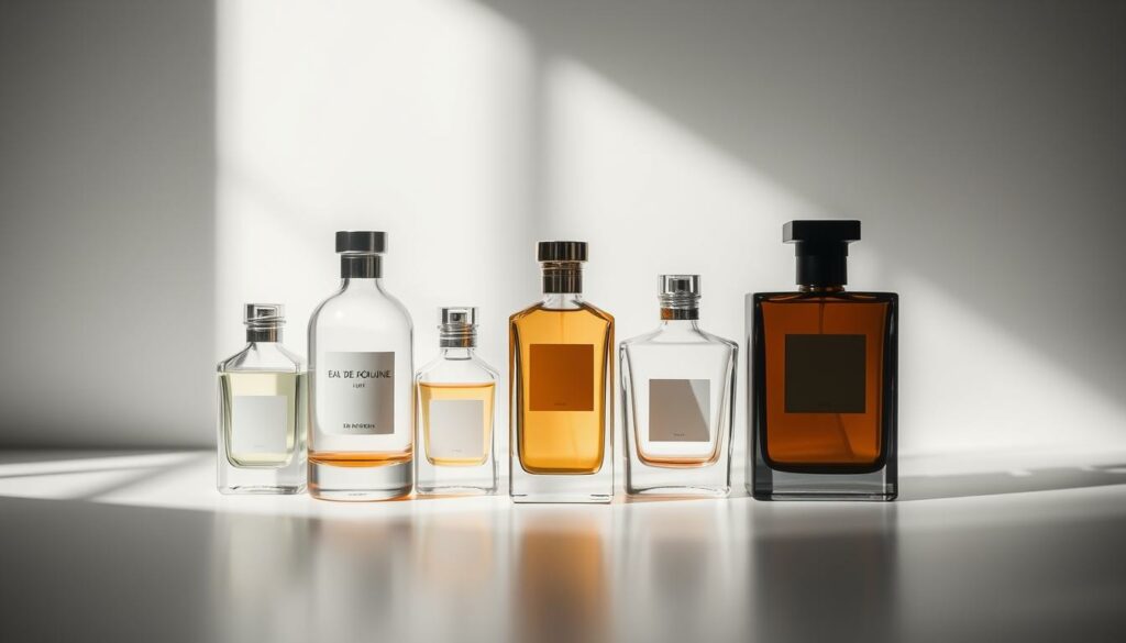 A finely crafted arrangement of glass bottles in a soft, diffused lighting, showcasing the different concentrations of a fragrance - from the light, refreshing eau de cologne to the rich, sensual eau de parfum. The bottles are elegantly displayed on a minimalist surface, allowing the colors and shapes to take center stage. Subtle shadows and reflections add depth and dimension, creating an inviting, high-end aesthetic that captures the essence of the section's topic. The overall composition conveys a sense of luxury, refinement, and the delicate balance between the various fragrance concentrations.