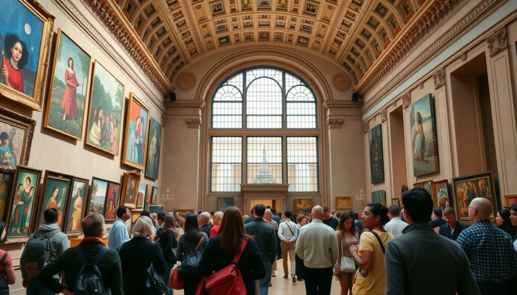 A grand, ornate interior of the Metropolitan Museum of Art, New York. The foreground features a group of art enthusiasts admiring a diverse array of vibrant, creative paintings on the walls. In the middle ground, visitors are engaged in lively discussions, exchanging ideas and drawing inspiration from the masterpieces around them. The background showcases the museum's breathtaking architecture, with high ceilings, intricate moldings, and large windows allowing natural light to flood the space, creating a serene and contemplative atmosphere. The overall scene conveys a sense of intellectual curiosity, artistic expression, and the transformative power of the museum's influence on creativity.