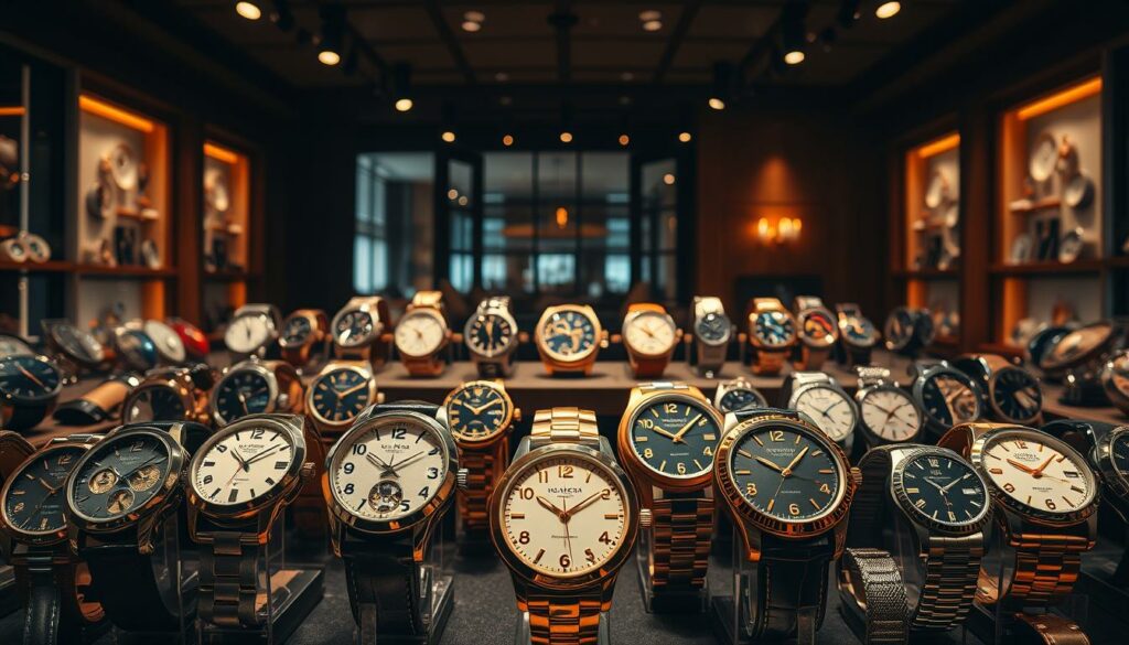 A grand showcase of prestigious watch brands, captured in a meticulously crafted scene. In the foreground, a display of luxury timepieces, their intricate mechanisms and gleaming cases showcasing the epitome of horological excellence. The middle ground features a harmonious arrangement of classic and contemporary watch designs, each a testament to the brands' rich heritage and innovative spirit. Bathed in warm, directional lighting, the scene exudes an atmosphere of sophistication and exclusivity, inviting the viewer to appreciate the artistry and craftsmanship behind these coveted horologes. The background subtly blends elements of elegant interiors, hinting at the refined environments where these prestigious watches are proudly worn and admired.