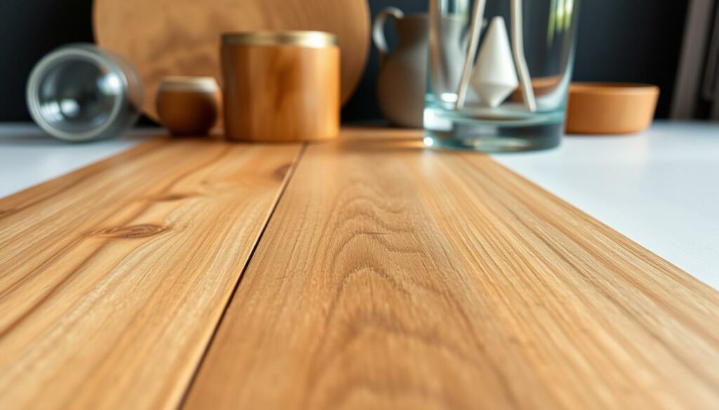 A harmonious arrangement of natural oak wood, sleek glass, and modern materials. In the foreground, a smooth wooden plank with the warm, textured grain visible. In the middle ground, a contemporary glass vase or container, its translucent surface catching the light. In the background, a subtle, minimalist arrangement of additional materials - perhaps metal, stone, or ceramic - complementing the organic and industrial elements. The lighting is soft and diffused, creating an elegant, high-quality atmosphere. The angles are slightly tilted, adding a dynamic, artistic feel to the composition.