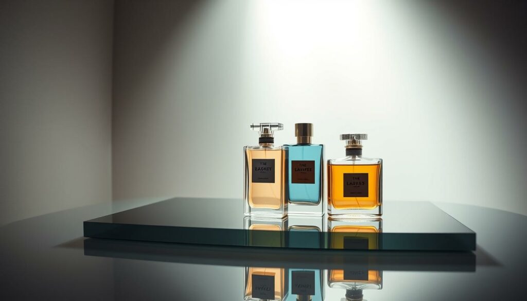 A high-end French perfume display with three elegant glass bottles showcasing luxurious fragrances. The bottles are arranged on a sleek, mirrored surface, casting soft, diffused reflections. Subtle lighting from above casts a warm, ambient glow, highlighting the bottles' intricate designs and capturing the essence of best-selling French perfumes. The background is a minimalist, monochromatic setting, allowing the perfumes to take center stage. The overall composition conveys a sense of sophistication, exclusivity, and the allure of the top-selling French fragrances.