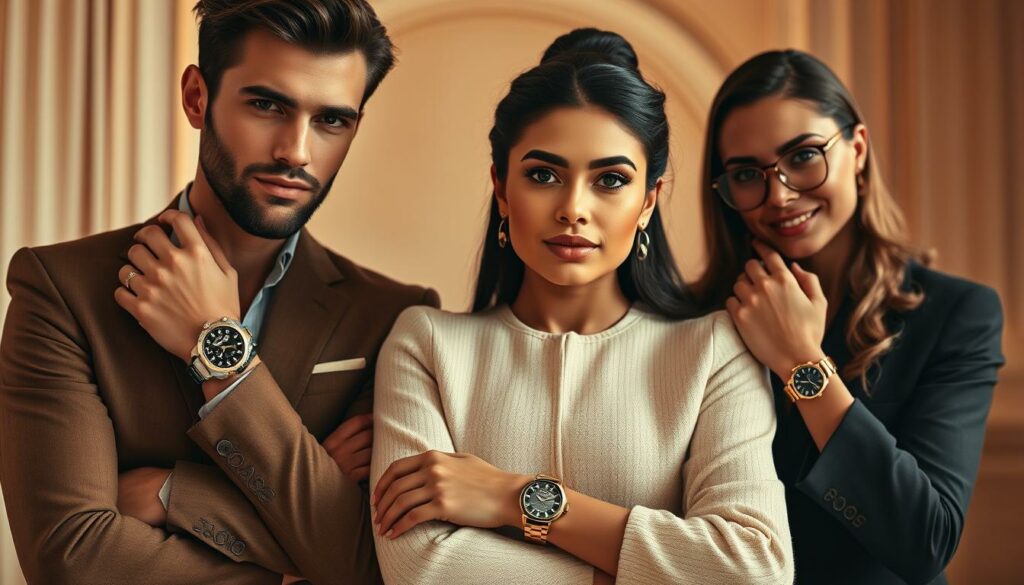A high-quality, stylized watch group shot featuring a diverse ensemble of models - a fashionable man, woman, and child, all wearing sleek, timeless timepieces that complement their individual styles. Set against a softly blurred, elegant backdrop, the watches are the focal point, showcased in warm, directional lighting that accentuates their intricate designs and premium materials. The composition is balanced and visually striking, conveying a sense of effortless sophistication and the universal appeal of these "inarrêtable" accessories.