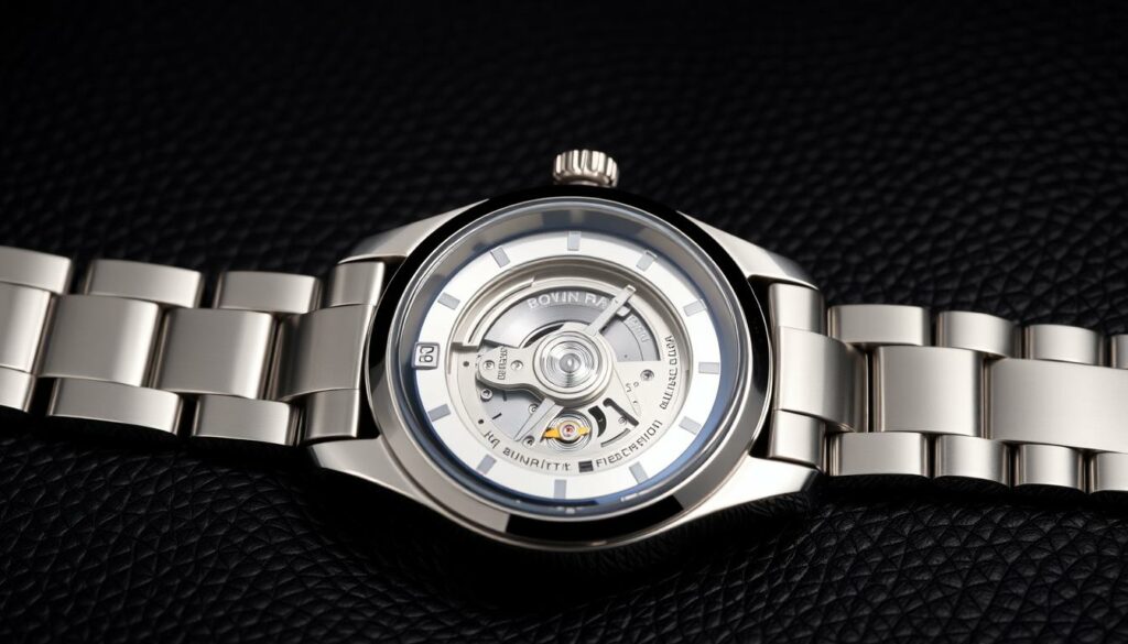 A high-quality watch laid out on a luxurious dark leather surface, with a close-up view showcasing the exquisite craftsmanship and attention to detail. The watch features a gleaming stainless steel case, a sapphire crystal face, and a precision-engineered movement visible through a transparent caseback. Soft, directional lighting accentuates the watch's polished surfaces, creating a sense of depth and highlighting the intricate textures of the materials. The overall composition exudes an air of sophistication, elegance, and the meticulous attention to quality that defines a premium timepiece.