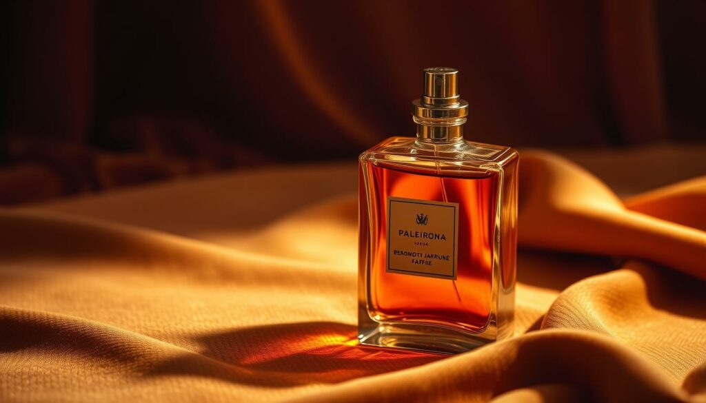 A luxurious glass bottle filled with a rich, amber-colored perfume sits atop a lavish, velvet-draped table. The fragrance is composed of a harmonious blend of rare and exotic botanicals - bergamot, jasmine, and sandalwood - creating a captivating, intoxicating aroma. Soft, warm lighting gently illuminates the scene, casting a seductive glow and accentuating the perfume's alluring qualities. The overall composition evokes a sense of sophistication, sensuality, and the art of fragrance-making, perfectly capturing the essence of the "Tout savoir sur le parfum : de la composition aux notes olfactives" section.