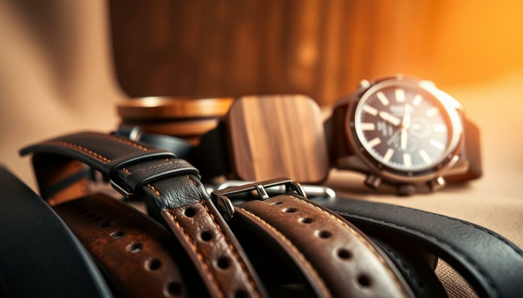 A luxurious still life showcasing the finest materials used in high-end watches. In the foreground, an array of premium leather watch straps in various hues, their supple textures and fine stitching evident. In the middle ground, a selection of wooden watch cases, their natural grains and polished finishes gleaming under soft, directional lighting. In the background, a carbon fiber watch face catches the light, its intricate weave and sleek, modern aesthetic. The overall composition is elegant, sophisticated, and evocative of the craftsmanship and exclusivity associated with luxury timepieces.