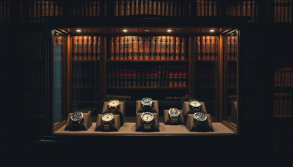 A luxurious watch display case in a dimly lit, elegant study. The case is made of dark wood with glass panels, showcasing a meticulously curated collection of high-end timepieces. The lighting is soft and warm, creating a moody, sophisticated atmosphere. The watches are positioned with care, each one resting on a plush, velvet-lined cushion. The background features bookshelves filled with leather-bound volumes, hinting at the owner's refined tastes and intellectual pursuits. The entire scene exudes an air of exclusivity and understated opulence, perfectly capturing the essence of "l'art du rangement" for discerning watch enthusiasts.