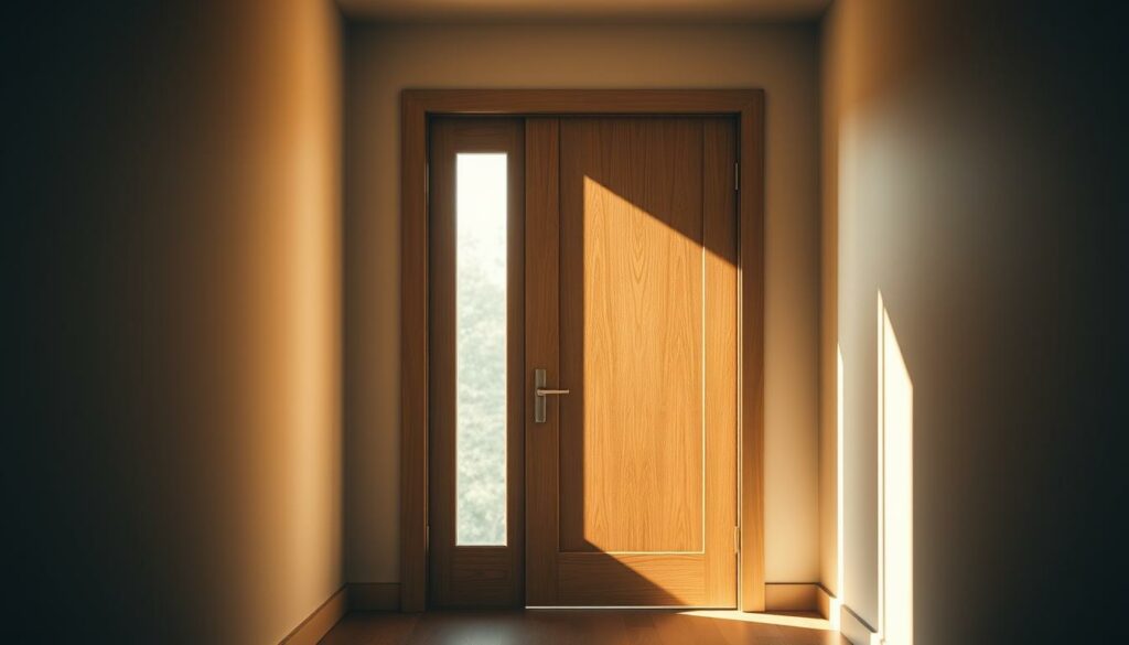 A luxurious, well-lit interior shot of a modern, minimalist wooden door set in a sleek, contemporary entryway. The door features clean lines, a subtle wood grain texture, and a sophisticated glass panel that allows natural light to filter through. The entryway is bathed in warm, diffused lighting, creating a welcoming and inviting atmosphere. The camera angle captures the door at a slight angle, highlighting its elegant design and showcasing how it would appear in a real-world setting. The background is blurred, putting the focus entirely on the carefully curated door choice as the central point of interest.