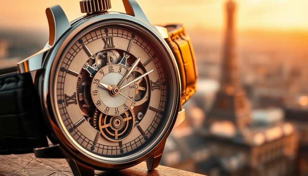 A masterfully crafted French timepiece, its intricate mechanisms and polished stainless steel case gleam under warm studio lighting. The watch face displays elegant numerals and hands, a testament to the skilled horologists who assembled it with meticulous precision. In the background, a soft, blurred Parisian cityscape provides a fitting backdrop, hinting at the rich heritage and tradition of French watchmaking. The composition emphasizes the watch's timeless design and the storied savoir-faire of its creators, capturing the essence of quality and craftsmanship that defines the best of French horology.