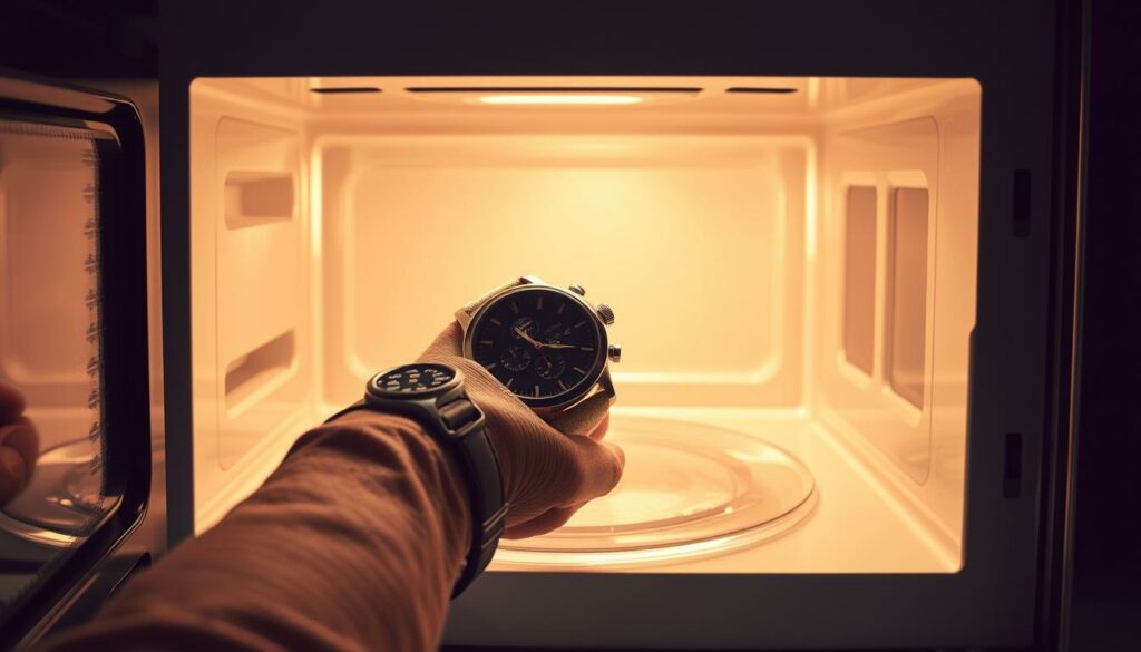 A person's wristwatch placed inside a modern, stainless steel microwave oven, the interior illuminated by a soft, warm glow. The watch's face and mechanism are clearly visible, highlighting the contrast between the delicate timepiece and the harsh, technological environment. The scene exudes a sense of curiosity and the unexpected, inviting the viewer to ponder the potential consequences of this unorthodox experiment. The lighting is dramatic, with strong shadows and highlights accentuating the textures and shapes of the objects. The overall composition emphasizes the central focus on the watch, framed by the clean, minimalist design of the microwave's interior.