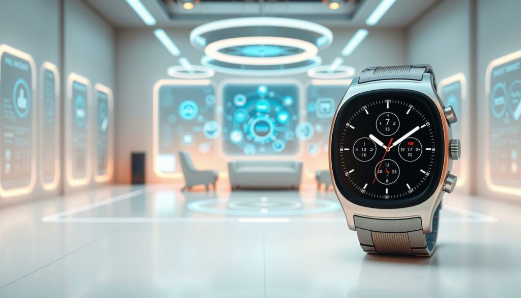 A sleek and futuristic smartwatch with a curved OLED display, brushed metal casing, and a futuristic user interface. The watch face showcases advanced biometric sensors, gesture controls, and customizable widgets. In the middle ground, a network of interconnected devices and digital interfaces highlights the watch's seamless integration with a smart home and IoT ecosystem. The background features a minimalist, high-tech environment with holographic projections, neon-lit panels, and a sense of technological sophistication. Soft, indirect lighting creates a sense of depth and atmosphere, while the overall composition conveys a vision of the future of connected wearable technology.