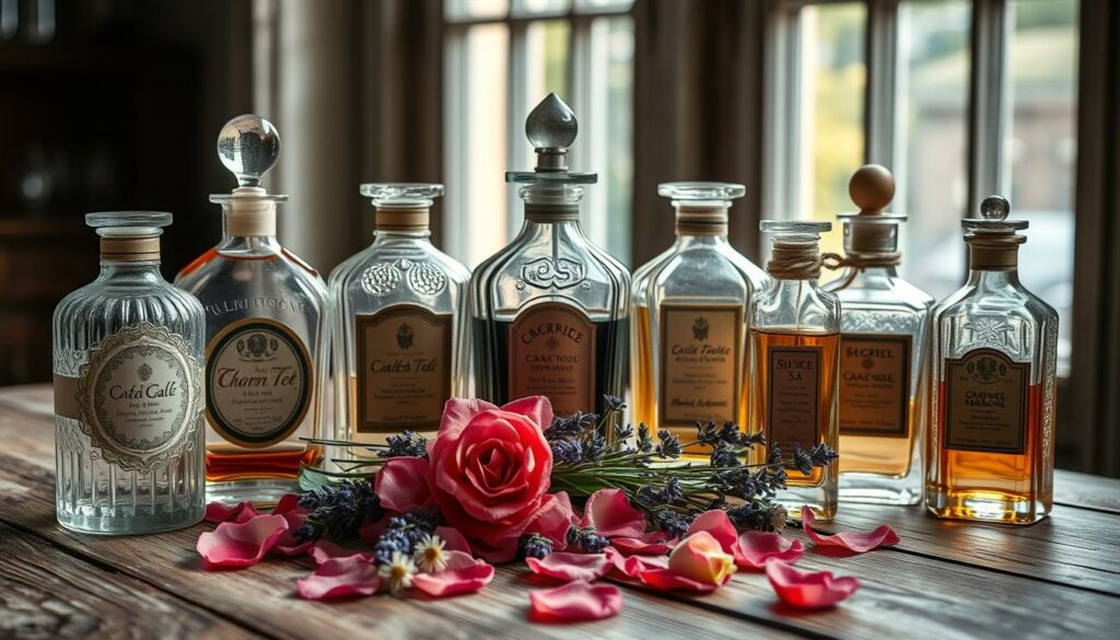 A sophisticated arrangement of antique glass perfume bottles, showcasing the timeless elegance of historic beauty fragrances. The bottles are positioned on a weathered wooden surface, illuminated by soft, natural light filtering through a window. The bottles feature intricate, vintage-inspired designs, hinting at the rich history and craftsmanship behind each scent. In the middle ground, a selection of lush, fragrant botanicals, such as rose petals and sprigs of lavender, add a touch of romantic ambiance. The background is intentionally blurred, creating a sense of depth and focus on the captivating display of these revived, historic beauty products.