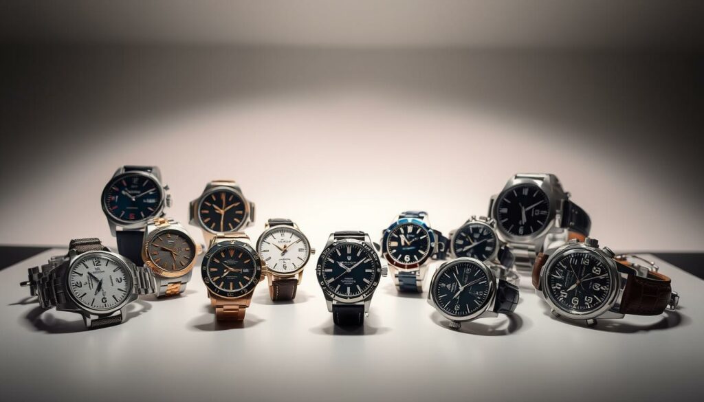 A sophisticated array of luxury timepieces arranged in a visually captivating display. In the foreground, a selection of high-end watch models in various styles and materials, such as stainless steel, gold, and leather, showcasing their intricate details and craftsmanship. In the middle ground, the watches are presented on a sleek, modern surface, allowing the viewer to appreciate their individual characteristics. The background features a minimalist, yet elegant setting, with soft, directional lighting that casts subtle shadows, emphasizing the watches' three-dimensional forms. The overall composition exudes a sense of sophistication, exclusivity, and the timeless appeal of high-end horology.