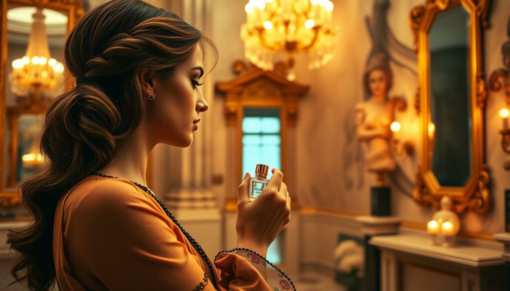 A sophisticated woman meticulously applies a delicate, floral-infused fragrance in an elegant museum setting. Warm, diffused lighting casts a soft, inviting glow, heightening the allure. Ornate, gilded mirrors reflect her graceful movements as she traces the fragrance along her neck and wrists, preparing for an unforgettable rendezvous. The museum's grand, marble interiors provide a refined, timeless backdrop, elevating the intimate ritual. Every gesture exudes confidence and poise, a captivating prelude to an evening filled with serendipitous encounters and enchantment.