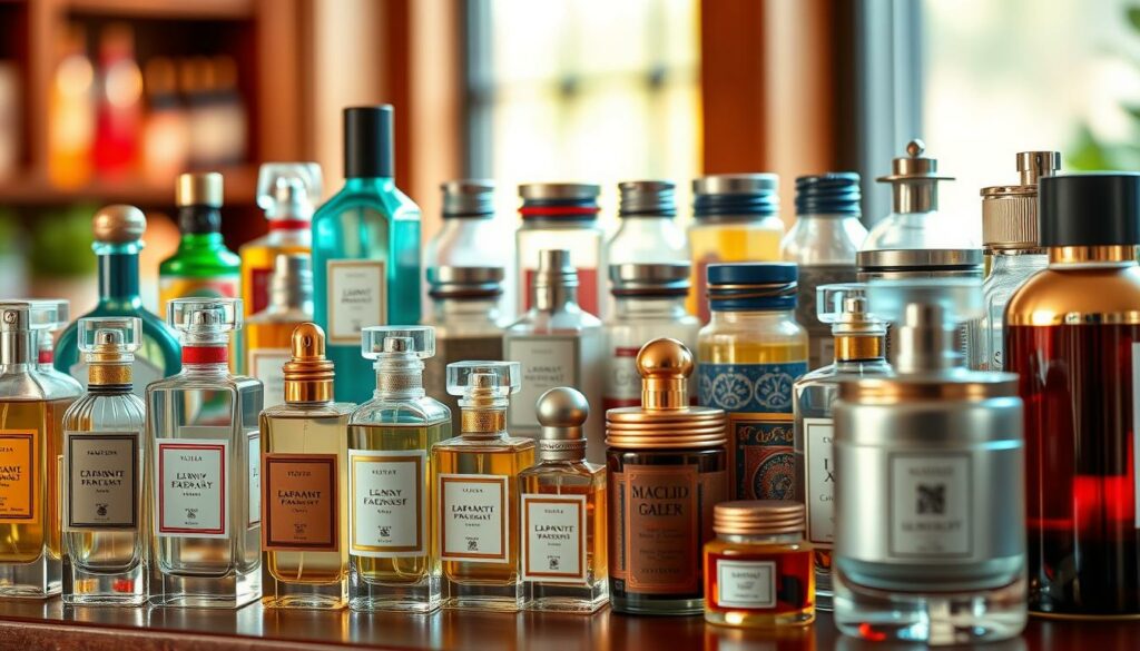 A vibrant and inviting display of fragrance bottles and jars, arranged in a thoughtful composition. The foreground features an array of elegant perfume bottles, each with a distinct shape, color, and label design, inviting the viewer to explore and discover their unique scents. The middle ground showcases a diverse selection of fragrance jars, some with intricate patterns and lids, suggesting a range of unique and personalized fragrances. The background is softly blurred, creating a sense of depth and focus on the central display. Warm, natural lighting casts a gentle glow, highlighting the beautiful textures and reflections of the glass and metal components. The overall scene conveys a sense of individuality, sophistication, and the joy of finding the perfect fragrance to match one's personality.