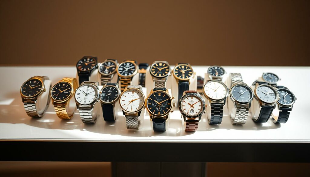 A well-lit, high-quality photograph of an array of elegant wristwatches displayed on a sleek, modern table or display stand. The watches should include a range of classic and contemporary styles, showcasing their intricate designs, materials, and features. The composition should emphasize the watches' visual appeal, allowing the viewer to closely examine their details. The lighting should be soft and natural, creating a warm, inviting atmosphere that highlights the watches' craftsmanship. The background should be minimalist and uncluttered, placing the focus entirely on the watches and their selection.