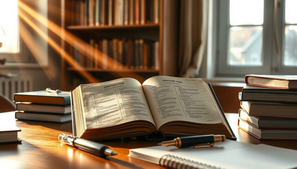A well-lit study table with a vintage hardcover book on discovering verbs, its pages open to reveal conjugation charts. Rays of warm afternoon light filter through a nearby window, casting a soft glow on the scene. In the foreground, a fountain pen and a stack of notebooks suggest an academic setting. The background showcases a bookshelf filled with similar reference materials, hinting at the educational nature of the subject. The overall atmosphere evokes a sense of scholarly exploration and language discovery.