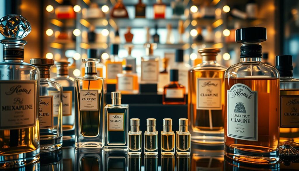 An exquisite European perfume display, showcasing a harmonious array of classic and contemporary scents. In the foreground, elegant glass bottles glisten under warm, ambient lighting, their labels adorned with intricate designs that hint at the rich, aromatic treasures within. The middle ground features a meticulously curated selection of perfume vials, each representing a unique fragrance journey, while the background is subtly blurred, allowing the viewer's focus to remain on the captivating fragrances. The overall composition conveys a sense of timeless sophistication, inviting the viewer to immerse themselves in the alluring world of rediscovered European perfume trends.