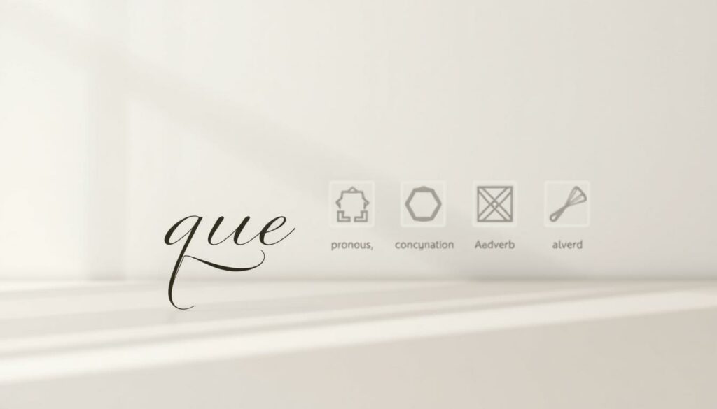 Elegant and sophisticated illustration of the grammatical functions of the word "que" in French. A clean, minimalist design with a neutral color palette and soft, natural lighting. In the foreground, a delicate calligraphic representation of the word "que" in a cursive script, its lines flowing and interconnected. In the middle ground, a series of abstract geometric shapes and patterns representing the various grammatical roles the word can play - as a pronoun, conjunction, adverb, etc. The background features a subtly textured, neutral backdrop, allowing the main elements to take center stage. An air of scholarly refinement and linguistic nuance pervades the scene.