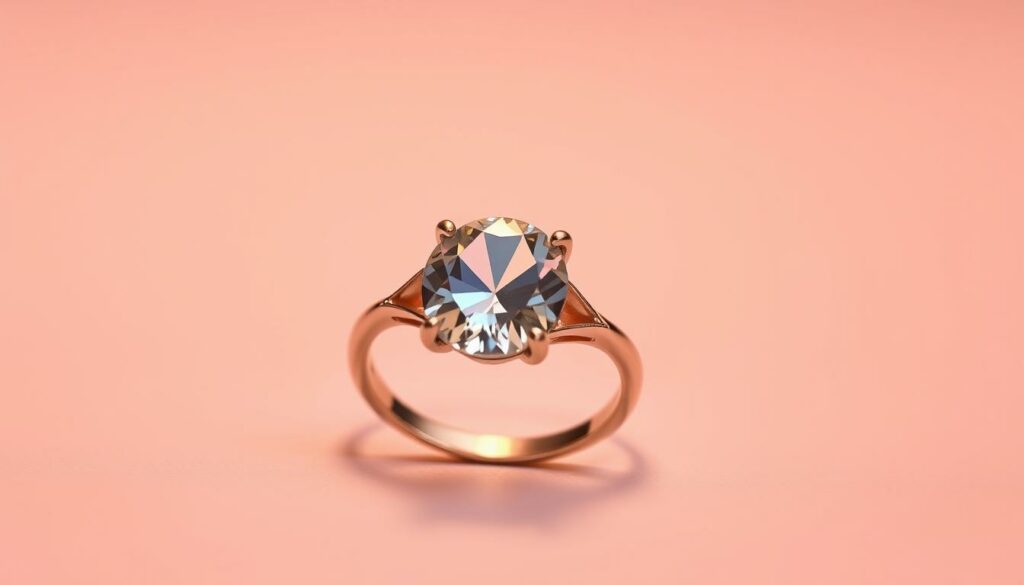 A beautifully crafted ring against a soft, pastel-colored background. The ring is the focal point, showcasing a shimmering gemstone that appears to change color depending on the angle of the light. The lighting is warm and diffused, creating a serene, elegant atmosphere. The camera is positioned slightly above the ring, capturing its intricate details and delicate design. The composition is balanced, with the ring positioned slightly off-center to create visual interest. The overall mood is one of refinement, sophistication, and the enchantment of a ring that adapts to the wearer's personality.