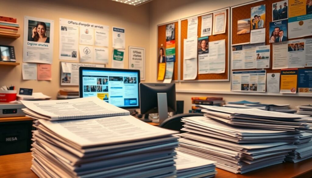 A bustling office setting, with a desk showcasing various employment opportunities and services. In the foreground, a stack of résumés and business cards, conveying the diverse range of job offerings. The middle ground features a computer monitor displaying job postings, surrounded by office supplies and a well-organized workspace. In the background, a wall-mounted bulletin board displays flyers, posters, and notices, creating a sense of an active, vibrant employment hub. The lighting is warm and professional, casting a soft glow over the scene, and the camera angle is slightly elevated, providing a comprehensive view of the "offres d'emploi et services" landscape. The overall atmosphere evokes a sense of opportunity, productivity, and the varied applications of employment-related offerings in everyday life.
