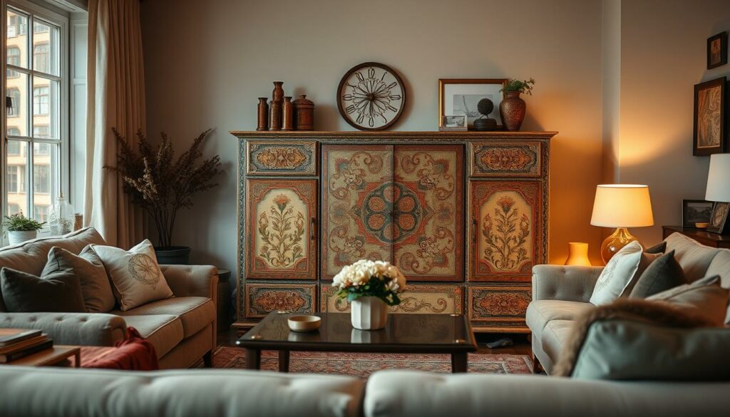 A cozy living room with a beautifully customized IKEA furniture piece as the centerpiece. The piece is adorned with intricate hand-painted designs, lending a one-of-a-kind, artisanal feel to the space. Soft, warm lighting casts a gentle glow, highlighting the rich textures and colors of the expertly curated decor. Plush, inviting seating surrounds the personalized furniture, creating an atmosphere of relaxation and artistic expression. The composition emphasizes the harmony between functionality and visual elegance, showcasing how a simple IKEA item can be transformed into a cherished work of art.