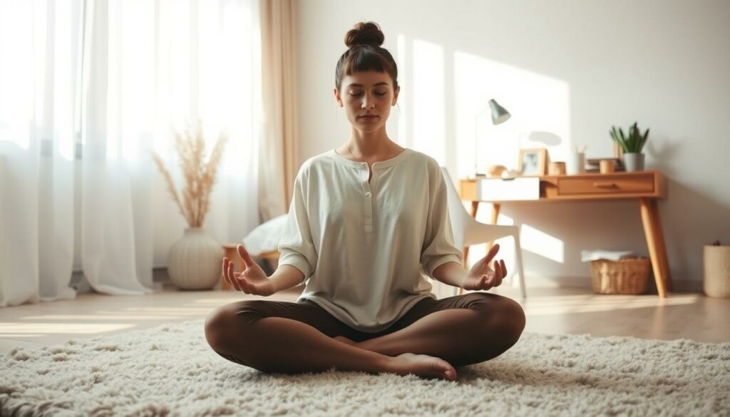 A cozy morning routine unfolds in a serene, sun-dappled bedroom. In the foreground, a person sits cross-legged on a plush rug, palms resting gently on their knees as they engage in a mindful meditation practice. Soft, natural light filters in through sheer curtains, casting a warm glow on the scene. In the middle ground, a wooden desk holds a journal, a cup of steaming tea, and various personal items that reflect the individual's unique interests and preferences. The background depicts a tranquil, minimalist space with clean lines, earthy tones, and a sense of order and harmony. The overall mood is one of peaceful contemplation, intentionality, and a personalized approach to self-care.