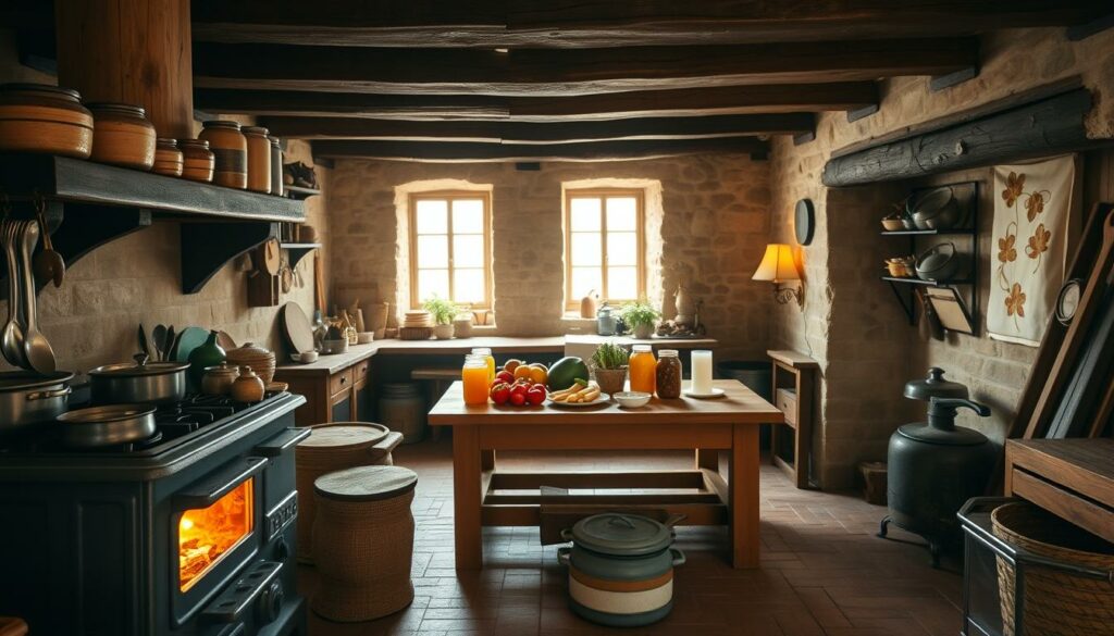 A cozy, rustic kitchen interior with a focus on non-electric cooking appliances and tools. In the foreground, a cast-iron stove or wood-burning oven takes center stage, its warm glow casting a soft light across the room. Surrounding it, an assortment of pots, pans, and utensils are neatly arranged, ready for use. In the middle ground, a large wooden table serves as the centerpiece, topped with fresh produce, jars of preserved foods, and perhaps a few candles. The background features exposed beams, stone walls, and a few windows letting in natural daylight, creating a sense of timelessness and self-sufficiency. The overall atmosphere is one of simplicity, functionality, and a connection to traditional cooking methods.