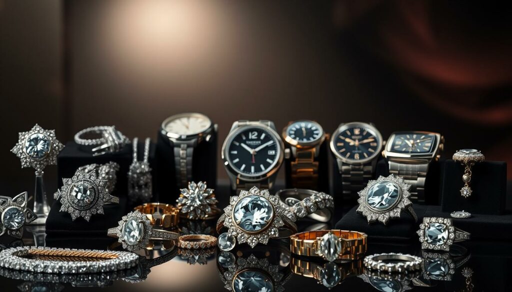 A dazzling display of high-end jewelry creations from prestigious brands, captured under dramatic studio lighting. In the foreground, a collection of exquisite diamond rings, necklaces, and earrings, each piece showcasing intricate craftsmanship and sparkling brilliance. In the middle ground, a selection of sleek, modern timepieces, their metal casings gleaming against a dark, moody backdrop. In the background, a soft, gradient-filled environment, hinting at the exclusivity and luxury associated with these iconic jewelry brands. The overall atmosphere exudes an air of sophistication, opulence, and timeless elegance, perfectly capturing the essence of "créations de marques bijoutières".