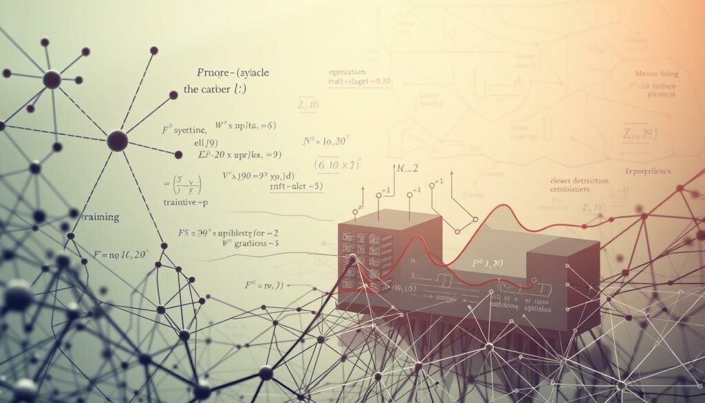 A detailed, technical illustration of the inner workings of machine learning algorithms. In the foreground, a complex network of interconnected nodes and lines, representing the neural architecture. Streams of data flow through the network, with mathematical symbols and formulas overlaying the connections. In the middle ground, a cutaway view showcases the training process, with datasets being fed into the model and optimization techniques visually depicted. The background features a stylized depiction of the learning process, with gradients, probability distributions, and other statistical concepts woven into the scene. Soft, muted lighting casts a contemplative mood, inviting the viewer to ponder the intricacies of artificial intelligence. The overall composition conveys a sense of depth, structure, and the underlying mathematical and computational principles that drive machine learning.
