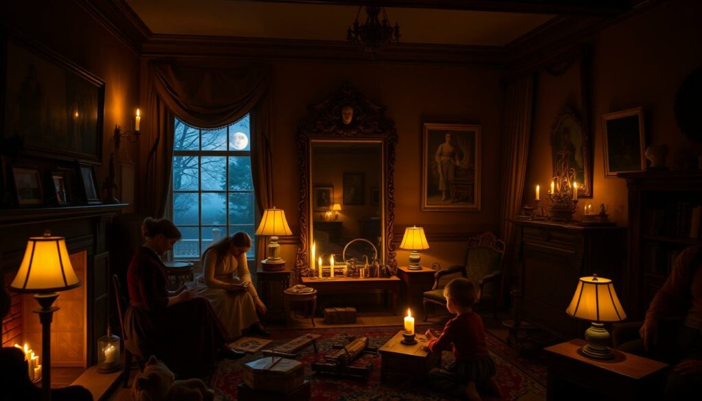 A dimly lit 19th-century drawing room, illuminated by the warm glow of oil lamps and candles. In the foreground, a group of people engrossed in a variety of immersive activities - a woman reading a book by the fireplace, a man tinkering with a mechanical contraption, and children playing with wooden toys. In the middle ground, a large ornate mirror reflects the scene, creating a sense of depth and introspection. The background is filled with period-accurate furnishings, wall hangings, and a large window overlooking a moonlit garden, suggesting a sense of timelessness and tranquility. The overall atmosphere is one of quiet contemplation and a nostalgic embrace of simpler times.