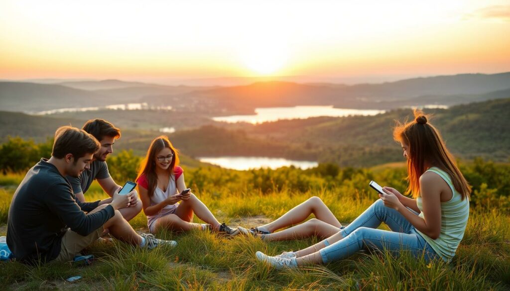 A group of young adults in a natural outdoor setting, focused on interpersonal connection rather than smartphone use. The foreground features a diverse group of friends sitting on a grassy hill, engaged in lively conversation and activities like reading, sketching, and playing board games. The middle ground showcases a scenic landscape with rolling hills, a tranquil lake, and lush vegetation, bathed in warm, soft lighting. In the background, the horizon is framed by a vibrant sunset, creating a serene, reflective atmosphere. The overall scene conveys a sense of balance, simplicity, and a generation's appreciation for authentic human interaction in the absence of constant digital distractions.