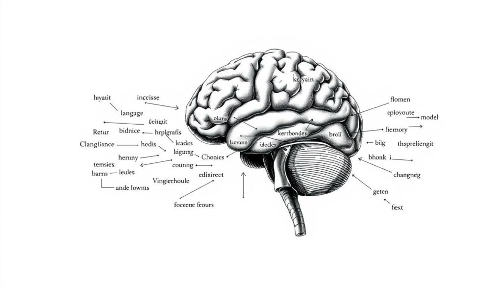 A high-contrast, black-and-white illustration depicting the "dérivés linguistiques test" concept. In the foreground, a detailed anatomical diagram of a human brain, rendered in a scientific, textbook-like style, with various sections and regions highlighted. In the middle ground, a collection of linguistic symbols, such as phonetic transcriptions, word roots, and morphological elements, arranged in a grid-like formation and connected to the brain diagram by thin, precise lines. The background is a stark, minimalist space, allowing the central elements to stand out clearly. The overall mood is one of intellectual rigor, clinical analysis, and the intricate connections between language and cognition.
