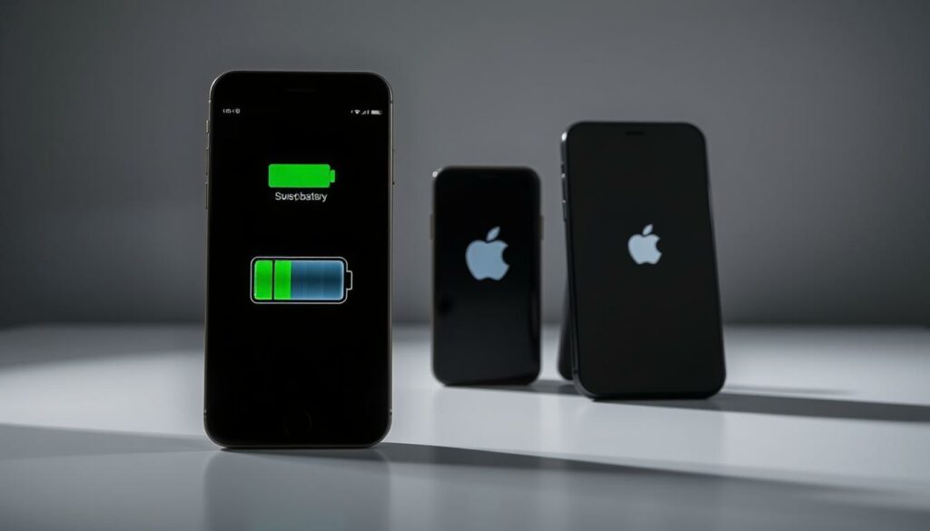 A high-contrast side-by-side comparison of two smartphones on a sleek, minimalist background. In the foreground, a budget-friendly Android smartphone with a prominent battery icon, showcasing impressive battery life. In the middle ground, an iPhone with a dimmer, more subdued battery icon, hinting at its relatively shorter runtime. The lighting is dramatic, with strong shadows emphasizing the technical differences. The overall mood is one of efficiency and practicality, highlighting the economic smartphone's superior battery performance compared to the more expensive iPhone model.
