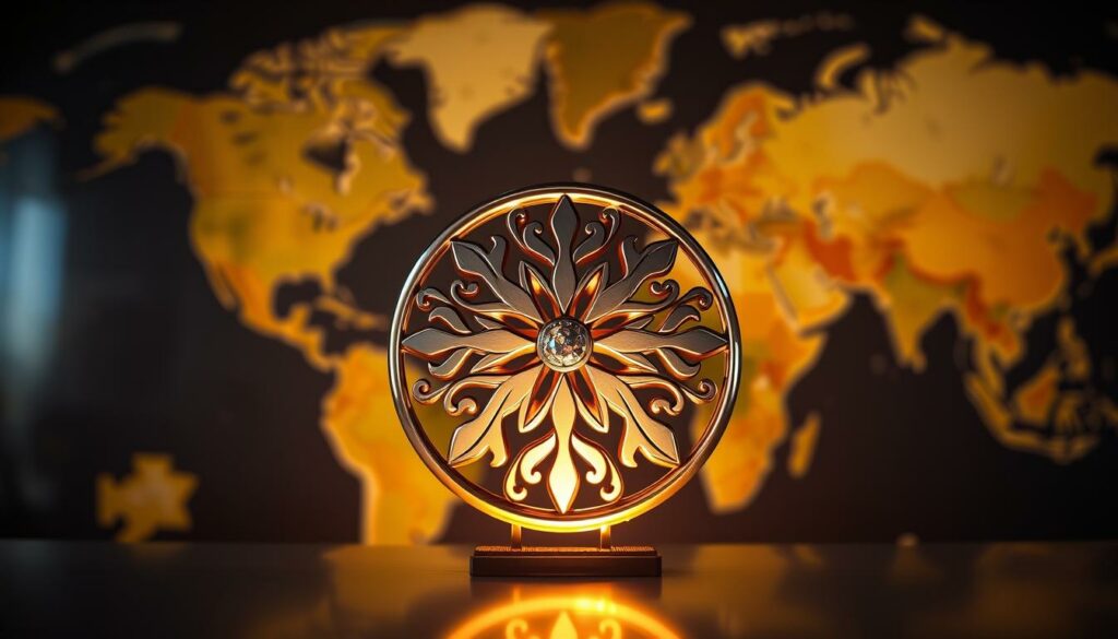 A high-end jewelry brand's intricate logo elegantly displayed against a backdrop of diverse domains, reflecting its multifaceted influence. Warm, soft lighting illuminates the glossy, metallic emblem, casting subtle shadows that accentuate its depth and craftsmanship. The foreground is sharply in focus, while the middle and background planes gradually blur, drawing the viewer's attention to the central emblem. The overall atmosphere is one of sophistication, prestige, and universal appeal, conveying the brand's widespread presence and significance across various industries.