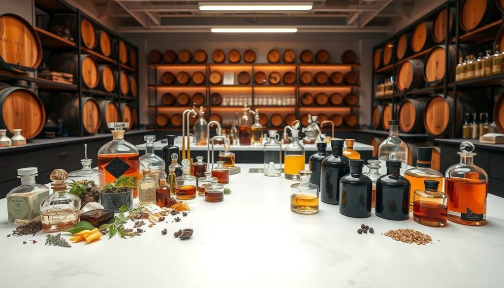 A high-quality, artisanal perfume laboratory with an array of meticulously curated ingredients laid out on a sleek, modern workbench. In the foreground, a selection of precious botanicals, distilled essences, and rare tinctures are neatly arranged, their rich hues and textures beckoning the viewer. The middle ground features alembics, pipettes, and other precision glassware, casting a warm, soft glow under the diffused lighting. In the background, shelves brimming with aging oak barrels and elegant glass bottles suggest the care and attention devoted to the perfume-making process. The overall scene conveys a sense of expertise, passion, and the creation of something truly exceptional.