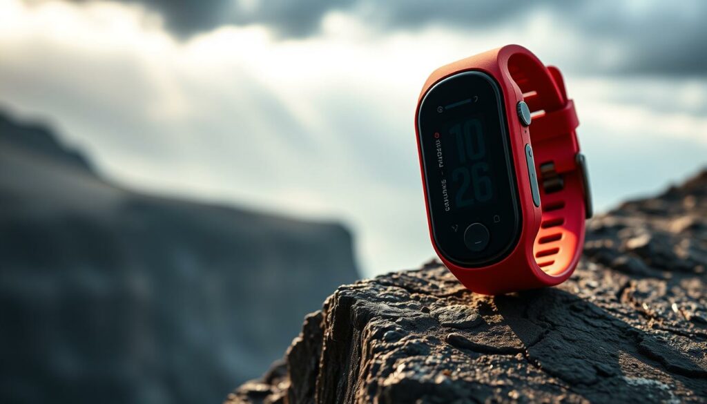 A high-resolution, detailed image of a sleek, connected bracelet designed for extreme testing conditions. The bracelet is made of a durable, rubberized material in a striking red color, with a prominent digital display and various sensors along its surface. The bracelet is positioned on a weathered, rugged surface, perhaps a rocky outcrop or the edge of a cliff, with a dramatic, moody landscape in the background, hinting at the challenging environments it has been tested in. Dramatic lighting casts dynamic shadows, conveying a sense of power and resilience. The overall composition and styling suggest a product built to withstand the most extreme conditions.