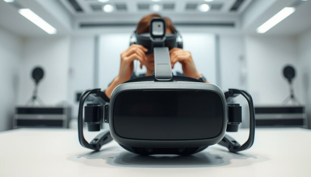 A high-tech virtual reality headset sits prominently in the foreground, its sleek, futuristic design and array of sensors suggesting advanced capabilities. In the middle ground, a person's hands delicately adjust the controls, their face partially obscured by the headset as they test its functionality. The background is a minimalist, well-lit workspace, with clean lines and a sense of technological sophistication. The lighting is soft and diffused, creating a sense of focus and attention on the testing process. The overall mood is one of clinical precision, as the person methodically evaluates the VR headset, capturing the essence of the "Le concept de test dans le domaine technologique" section.
