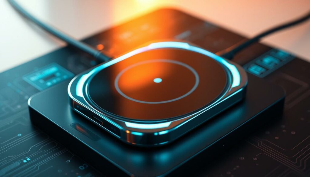 A high-tech wireless charging pad, gleaming with metallic accents, sits atop a sleek black surface. Holographic displays and pulsing indicator lights suggest advanced charging technology. The scene is bathed in a warm, energizing glow, creating an atmosphere of efficiency and futuristic innovation. Intricate circuit patterns and micro-scale details hint at the complex inner workings of this rapid charging device. The composition emphasizes the minimalist, yet sophisticated design, capturing the essence of cutting-edge power management solutions.