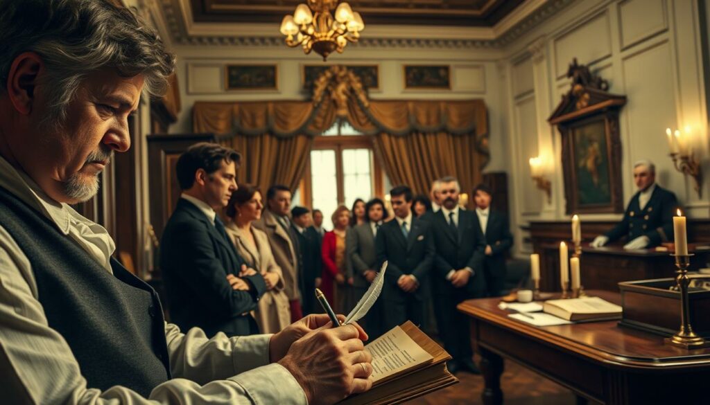 A historic registry office in the early 19th century, softly lit by gas lamps and candles. In the foreground, a stern-faced clerk examines documents with a quill pen, meticulously recording details in a leather-bound ledger. The middle ground features a queue of well-dressed citizens waiting to be processed, their faces etched with a mix of anticipation and apprehension. The background reveals an ornate chamber with ornate moldings, heavy curtains, and an imposing desk where a senior official oversees the proceedings. The atmosphere is one of somber formality, reflecting the gravity of the historical registration process.