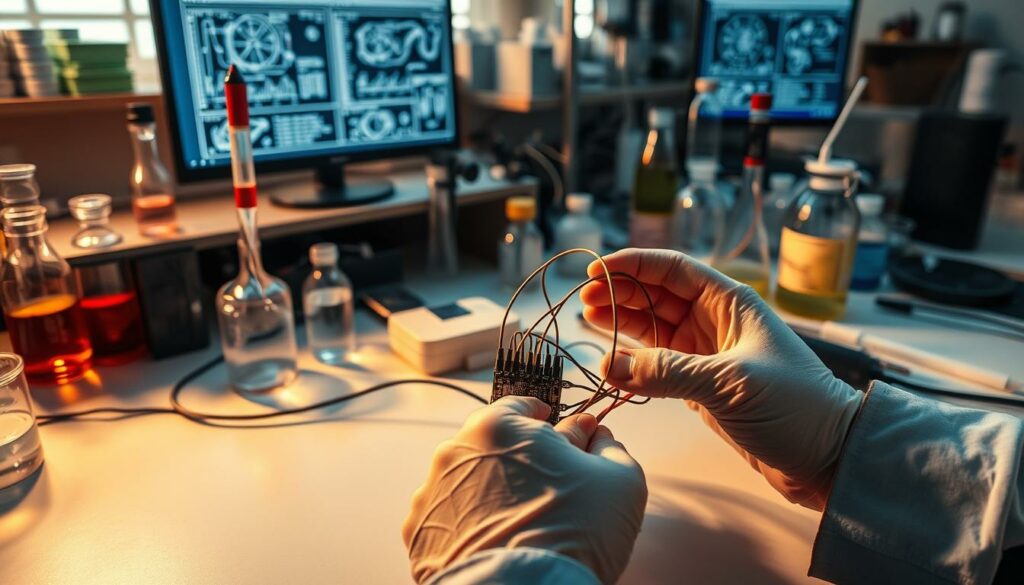 A laboratory workspace with a variety of scientific equipment and tools, including test tubes, beakers, measuring devices, and a computer monitor displaying technical diagrams. In the foreground, two hands carefully manipulating wires to connect two electronic components, creating a branching circuit. The lighting is warm and focused, casting subtle shadows that accentuate the intricate details. The overall atmosphere is one of scientific inquiry and discovery, with a sense of exploration and innovation.